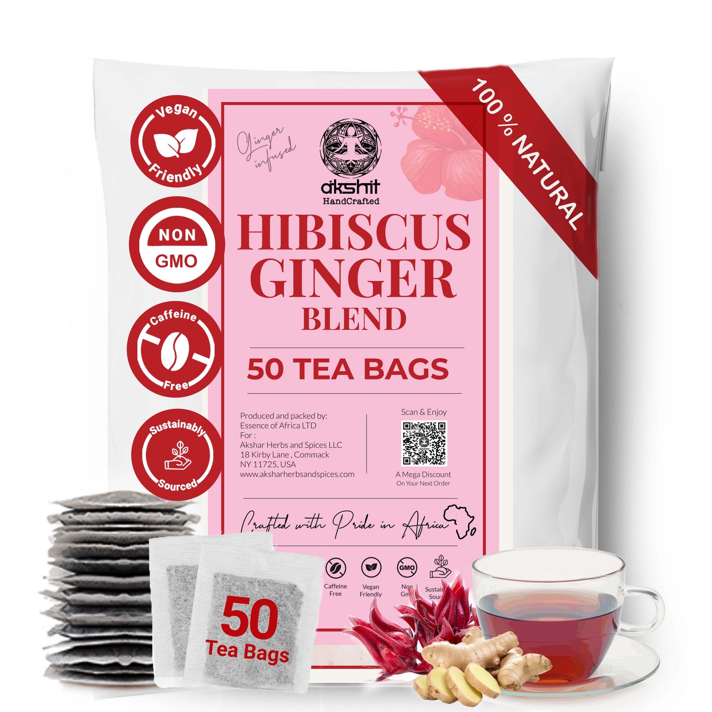 Dkshit Hibiscus Ginger Blend tea packaging with tea bags, ginger root, and a cup of tea on a white background.