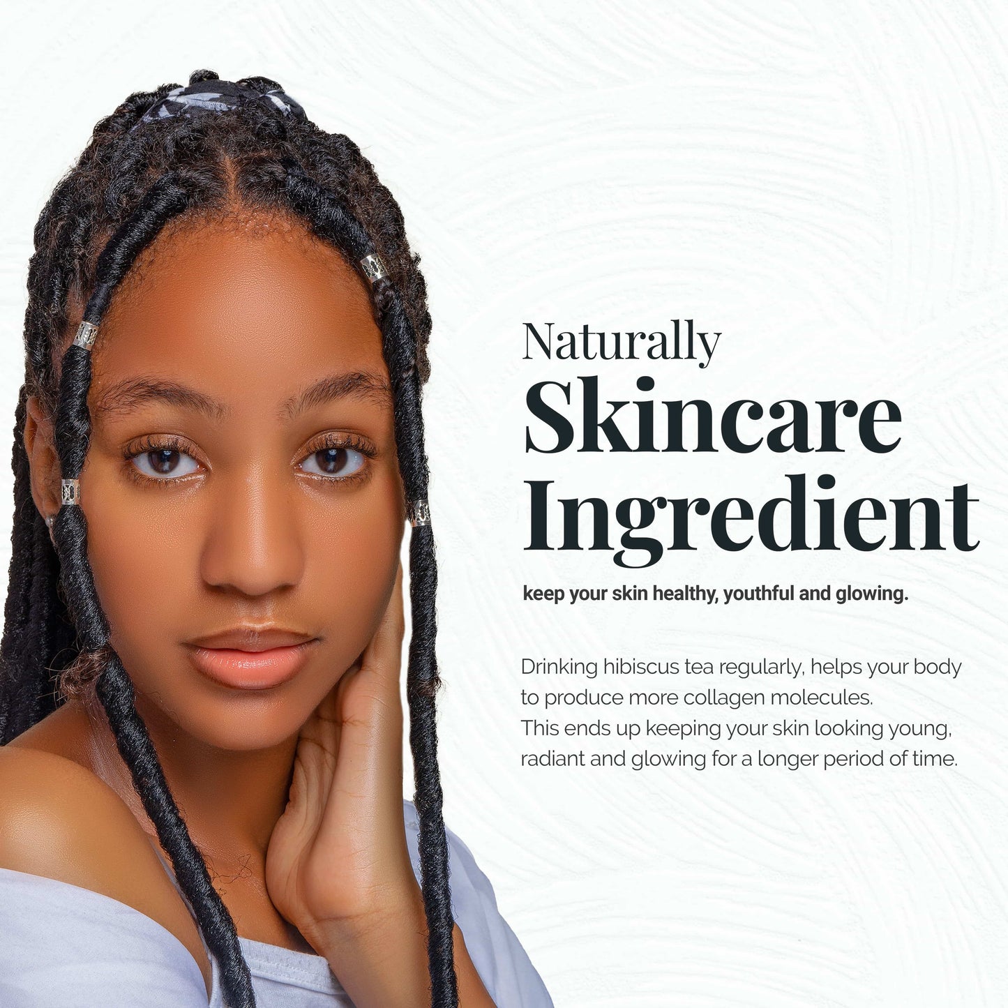 
                  
                    Naturally Skincare Ingredient . Keep your skin healthy, youthful and glowing.  Drinking hibiscus tea regularly helps your body to produce more collagen molecules. This ends up keeping your skin looking young, radiant and glowing for a longer period of time
                  
                