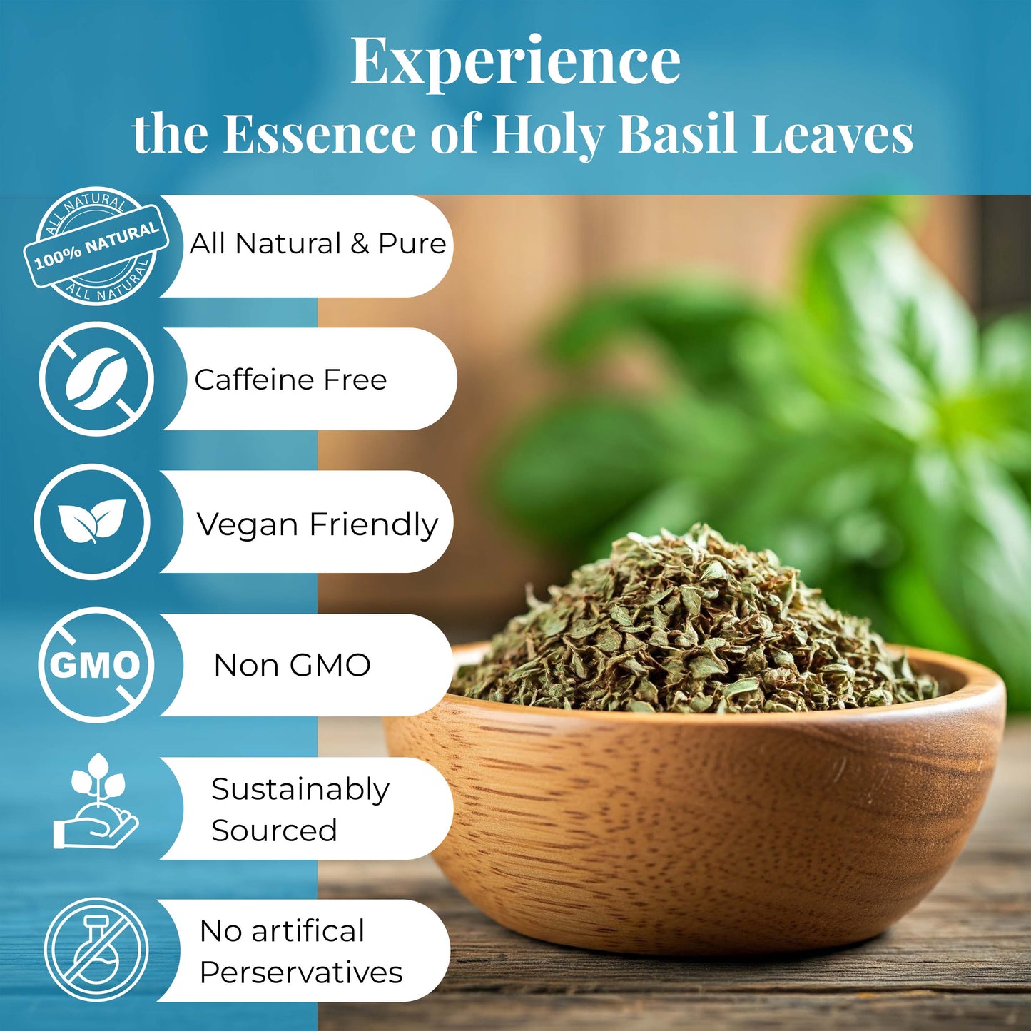  Dried holy basil leaves, pure tulsi, caffeine free, vegan, non GMO, sustainably sourced, no artificial preservatives