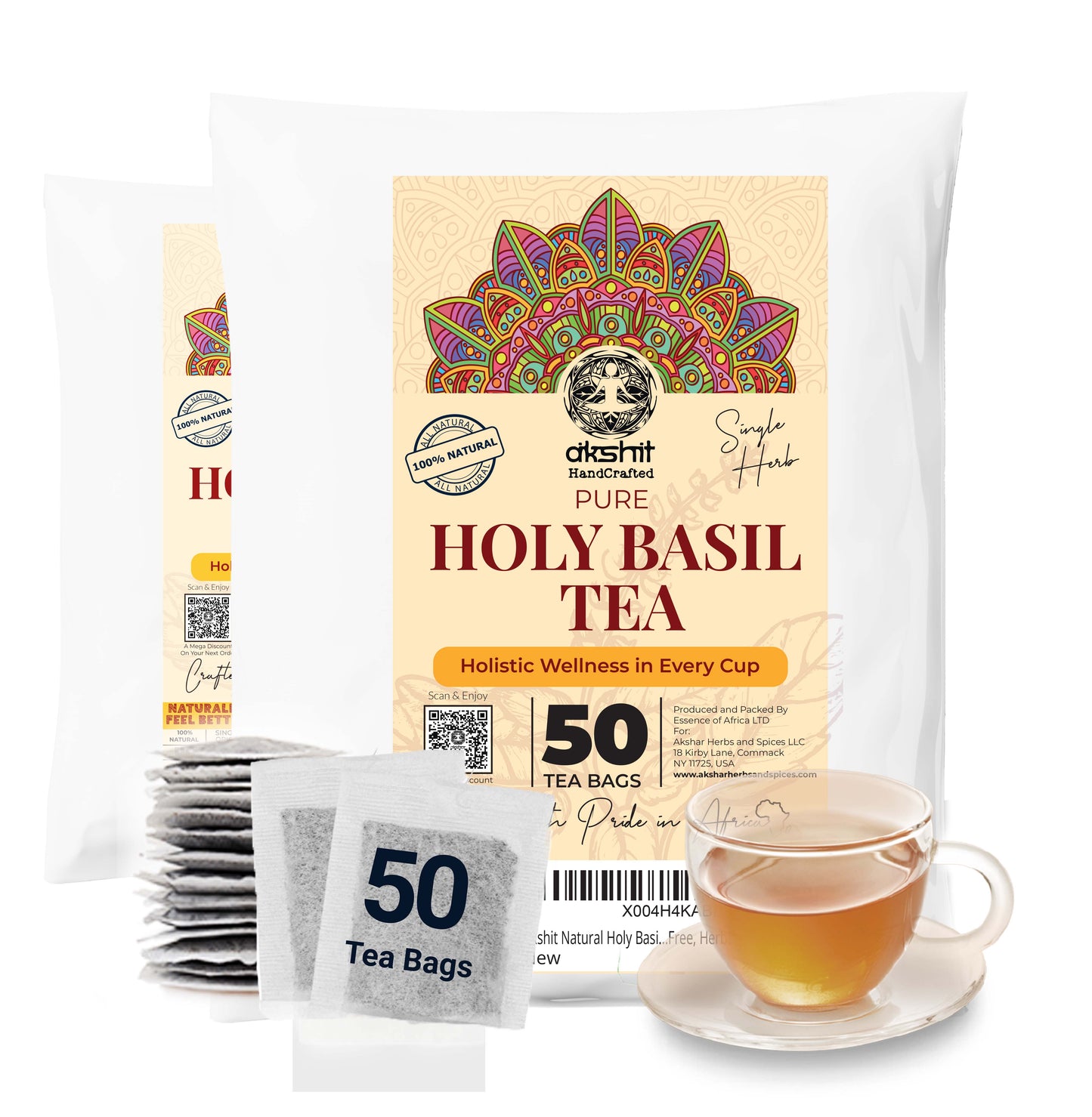 Holy basil tea bags pack with 50 tea bags herbal tulsi tea cup organic wellness drink natural caffeine free herbal tea