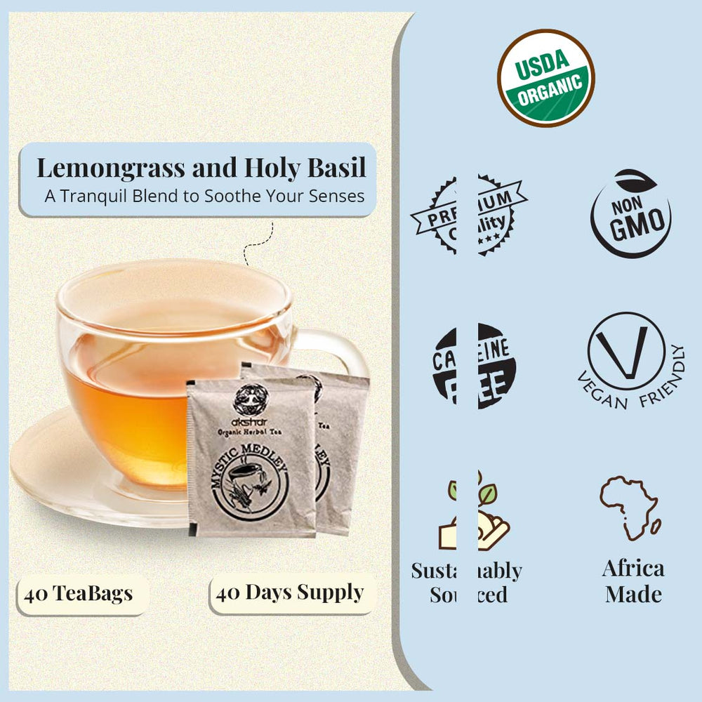 
                  
                    Lemongrass and Holy Basil - A tranquil Blend to soothe your Senses.  USDA ORGANIC , PREMUIM QUALITY , NON GMO, VEGAN FRIENDLY , AFRICA MADE
                  
                