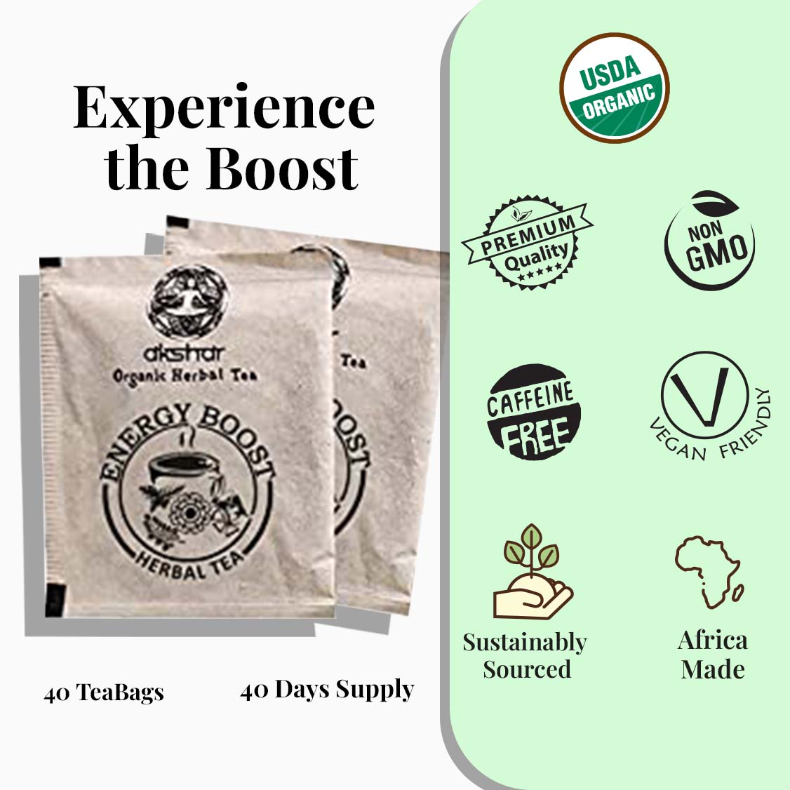 
                  
                    Experience the Boost : USDA Organic , Premium Quality , Non gmo , Caffeine Free , Vegan Friendly , Sustainably Sourced , africa Made
                  
                