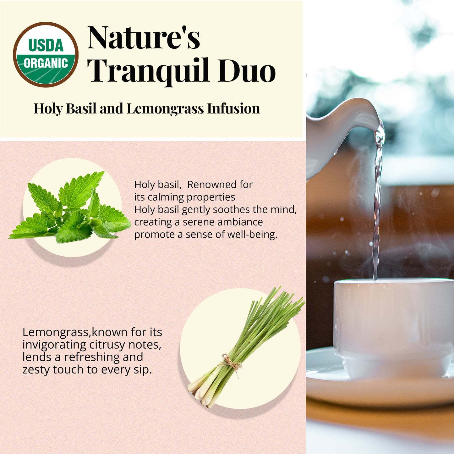 
                  
                    Nature's Tranquil Duo : Holy Basil and Lemongrass Infusion. Holy basil, Renowned for its calming properties . Holy basil gently soothes the mind, creating a serene ambiance promote a sense of well being.  Lemongrass, Known for its invigorating citrusy notes, lends a refreshing and zesty touch to every sip.
                  
                
