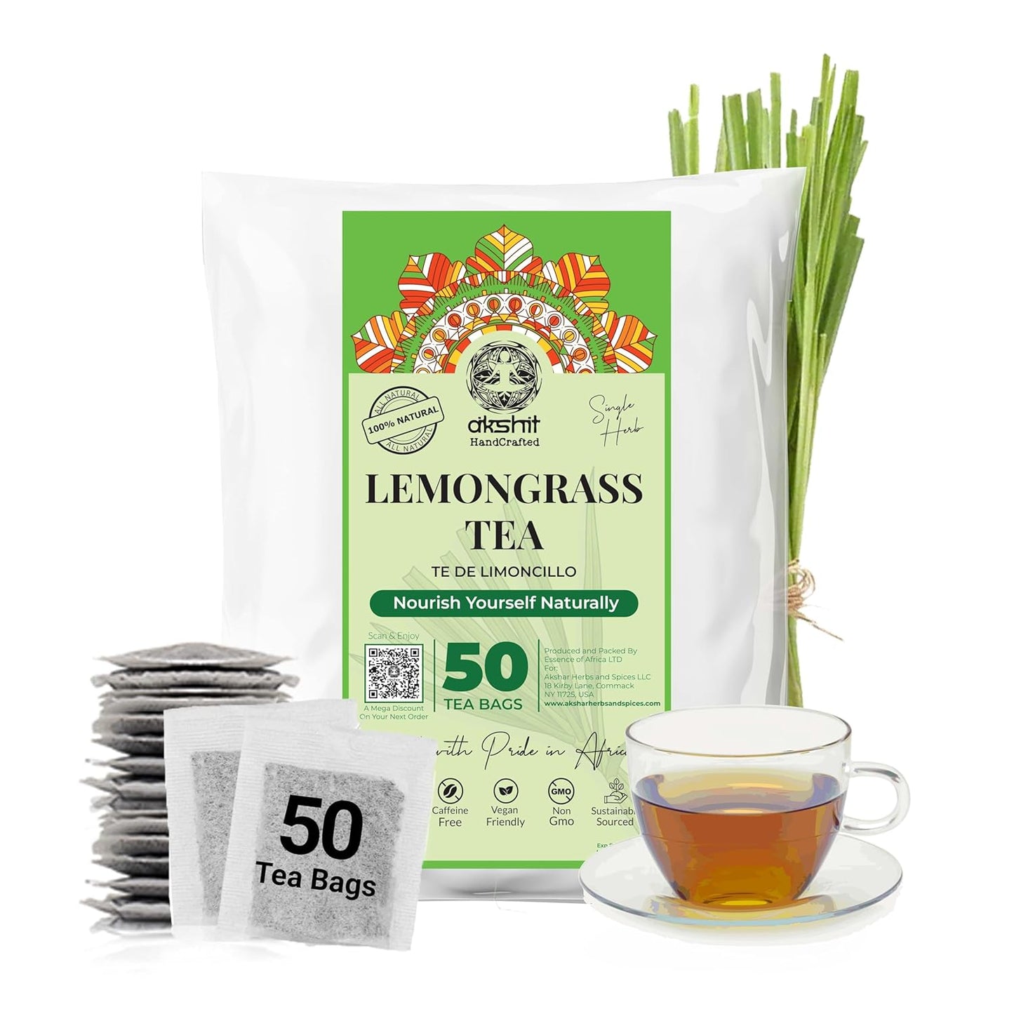 Akshit Lemongrass Tea package with tea bags, a cup of tea, and lemongrass on a white background