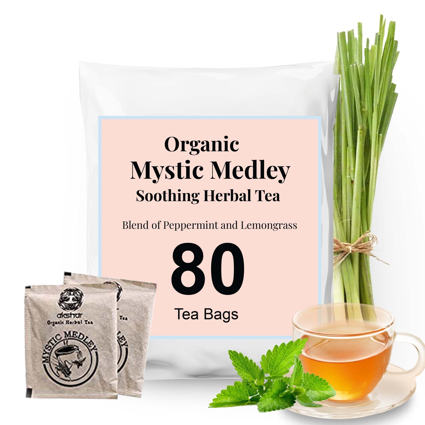 
                  
                    Akshit Mystic Medley Tea (80 Tea Bags ) Organic Lemongrass & Peppermint Tulsi Tea, Immune Support Tea, Soothing Tea, Calm Tea, Caffeine Free, NON-GMO, & USDA Certified.
                  
                