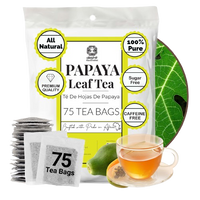 A package of Akshit Handmade Papaya Leaf Tea with 75 tea bags, shown with individual tea bags, a glass cup of brewed tea, and a green papaya slice on a white background.