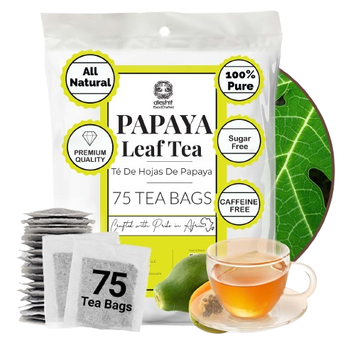 A package of Akshit Handmade Papaya Leaf Tea with 75 tea bags, shown with individual tea bags, a glass cup of brewed tea, and a green papaya slice on a white background.