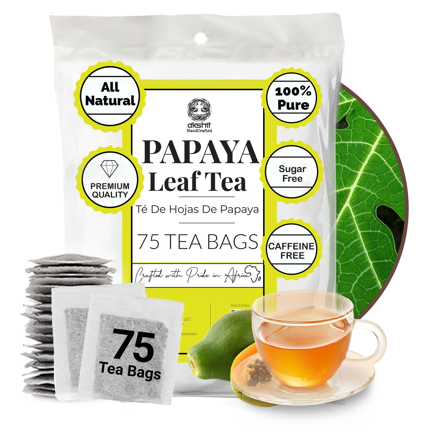 Papaya leaf tea 75 tea bags all natural caffeine free herbal tea with cup and papaya fruit for wellness and digestion support
