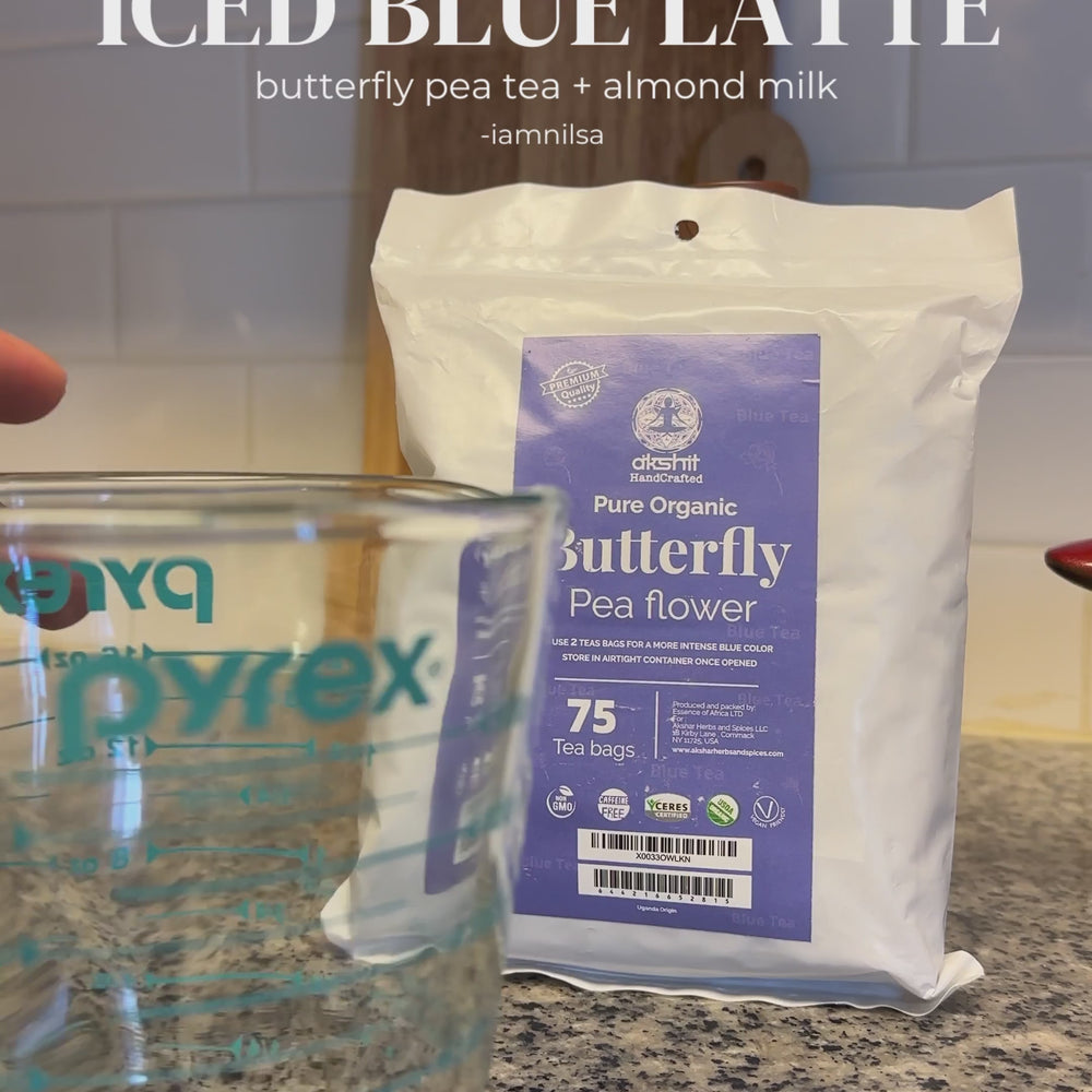 Butterfly Pea Flower tea bags used to make iced Blue Latte.  butterfly pea tea + almond Milk 