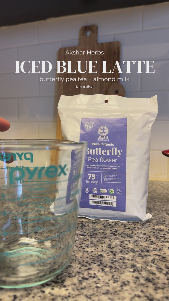 Butterfly Pea Flower tea bags used to make iced Blue Latte.  butterfly pea tea + almond Milk 
