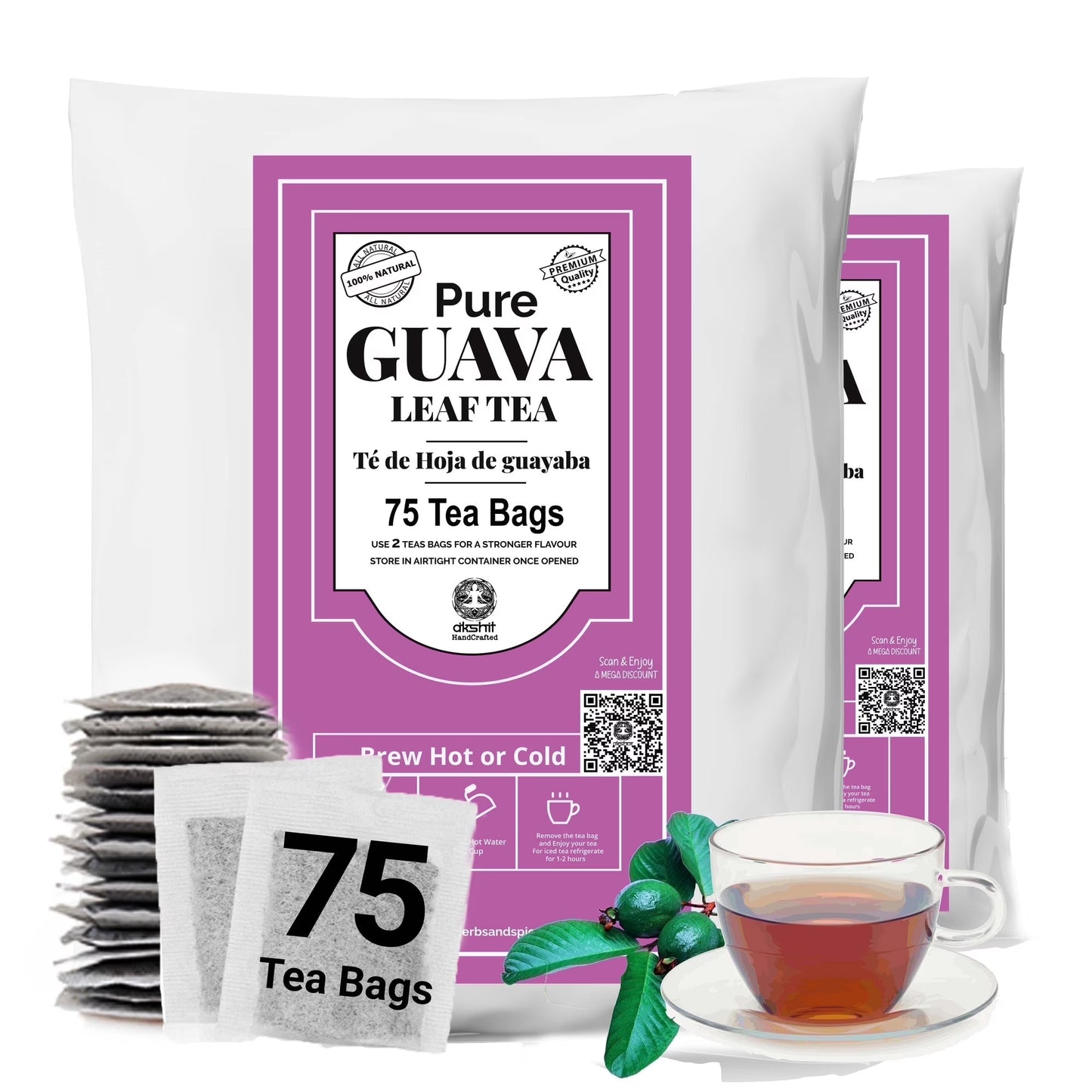 Pure guava leaf tea 75 tea bags pack with herbal tea cup and fresh guava leaves, natural wellness tea