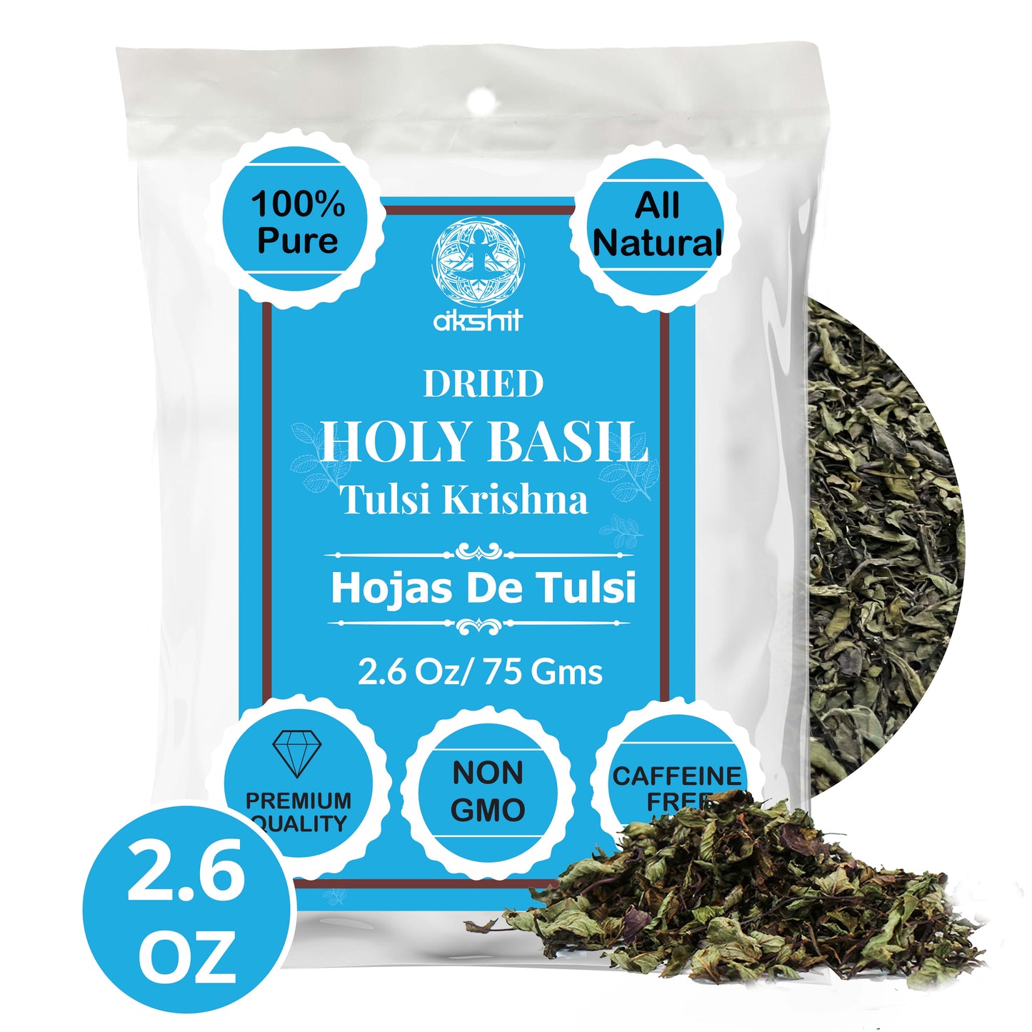 Akshit dried Holy Basil (Tulsi Krishna) loose leaf tea, 2.6 oz, 100% pure, all natural, non-GMO, caffeine-free, premium quality