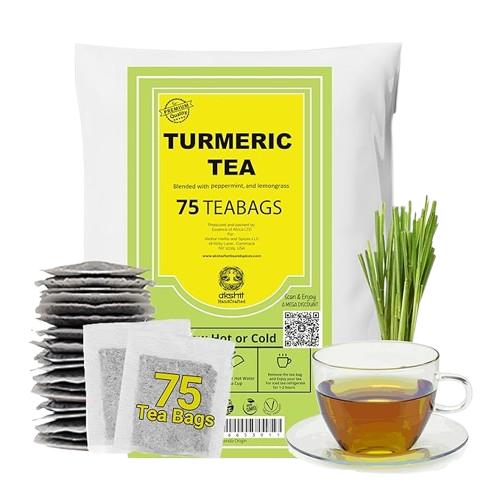 Akshit 75 Natural Turmeric Tea Bags | Peppermint, Lemongrass and Black Pepper Tea Blend, Te De Curcuma, Pure Tumeric Tea blend, Caffeine Free, Stress Relieving Herbal Tea, Non-Gmo. Pack of 1