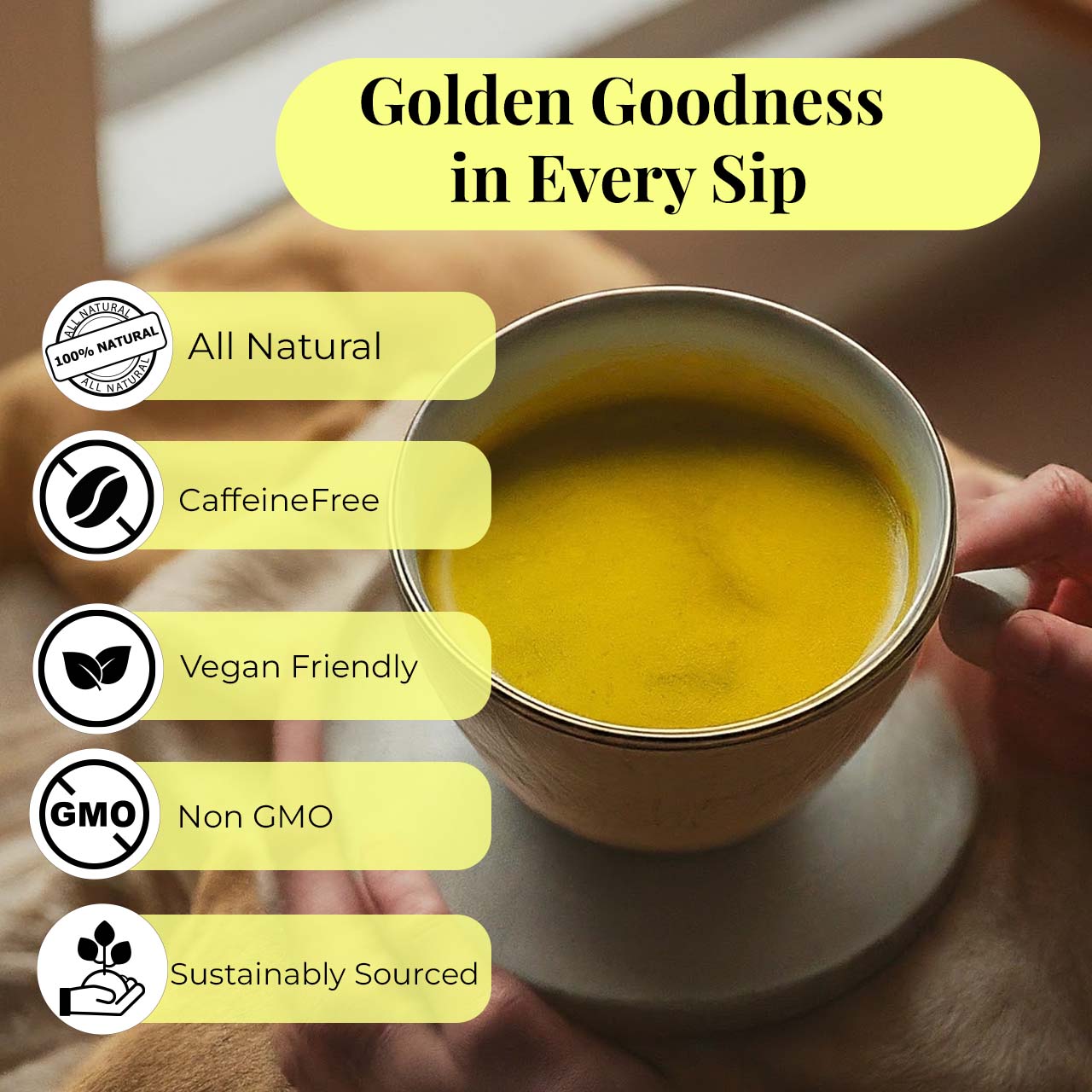 Turmeric tea in cup showing golden color natural caffeine free vegan herbal drink promoting wellness and soothing benefits