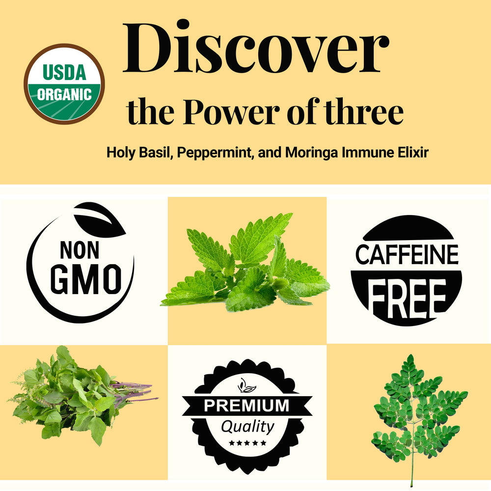 
                  
                    Immune boost tea blend of holy basil, moringa leaves, peppermint
                  
                