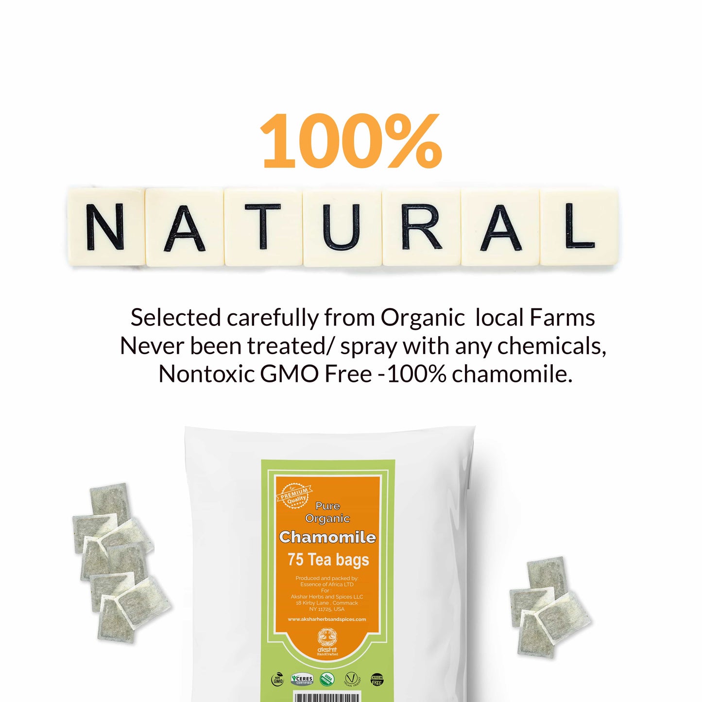 
                  
                    Akshit Organic Chamomile Tea Bags (75 Tea Bags) Chamomile Flower Tea,  Organic Chamomile Tea, Calm Sleep Tea, Caffeine Free, Non-GMO & USDA Certified.
                  
                