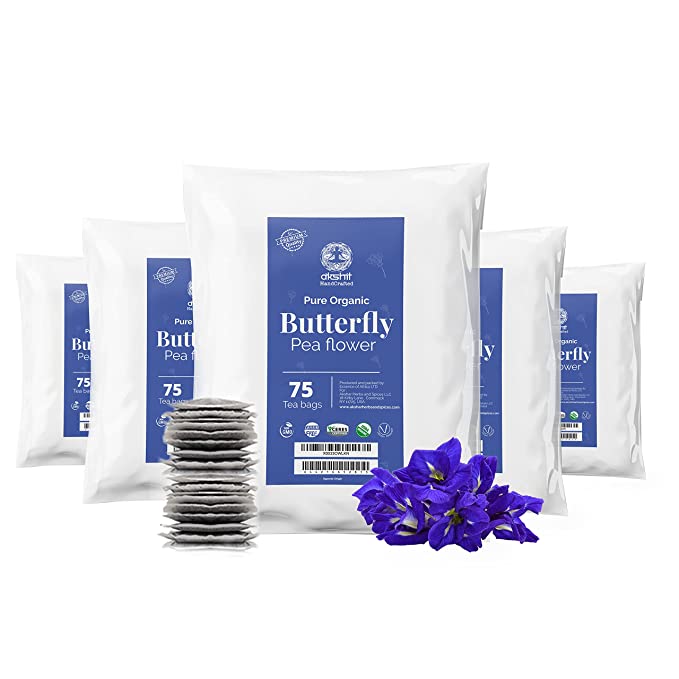 
                  
                    Organic Butterfly Pea Flower Tea Bags (75 Blue Tea Bags), Dried Blue Butterfly Pea Flowers, Clitoria Ternatea, Anti-Stress Tea, Caffeine Free, NON-GMO, USDA Certified.
                  
                