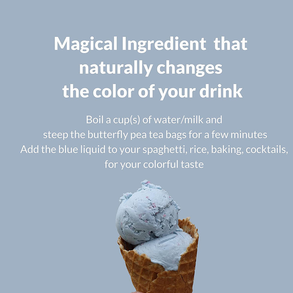 
                  
                    Organic Butterfly Pea Flower Tea , Dried Butterfly Pea Flowers, Clitoria Ternatea, Blue Butterfly pea Flowers Magical ingredient that naturally changes the color of your drink.. Boil a cup of water / milk and steep the butterfly pea tea bags for a few minutes Add the blue liquid to your spaghetti , rice , baking , cocktails m for your colorful taste.
                  
                