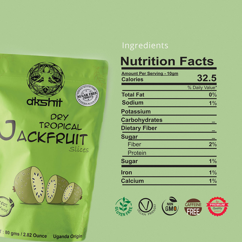 
                  
                    ingredients nutrition facts calories 32.5 total fat 0% sodium 1% potassium 0% carbohydrates 0% dietary fiber 0% fiber 2% sugar 1% iron 1% calcium 1%. Akshit Dried Jackfruit Snack From Dried Organic Tropical Jackfruit| NON-GMO( Bulk )
                  
                