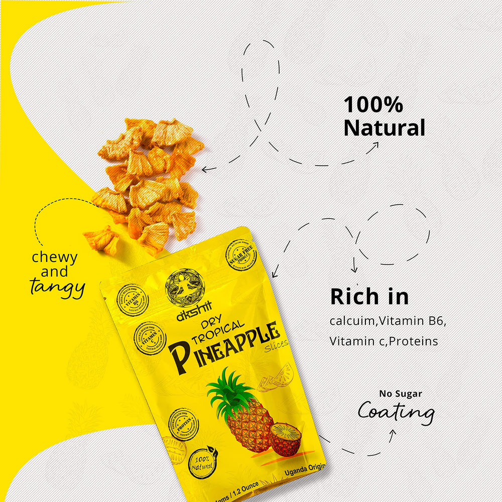 
                  
                    100% natural, rich in vitamin C, vitamin B6, proteins,calcium, no sugar coating, chewy and tangy. Akshit Tropical Dry Pineapple Slices Organic | Healthy Snack for Kids and Adults | 4.8 oz ( count of 4)
                  
                