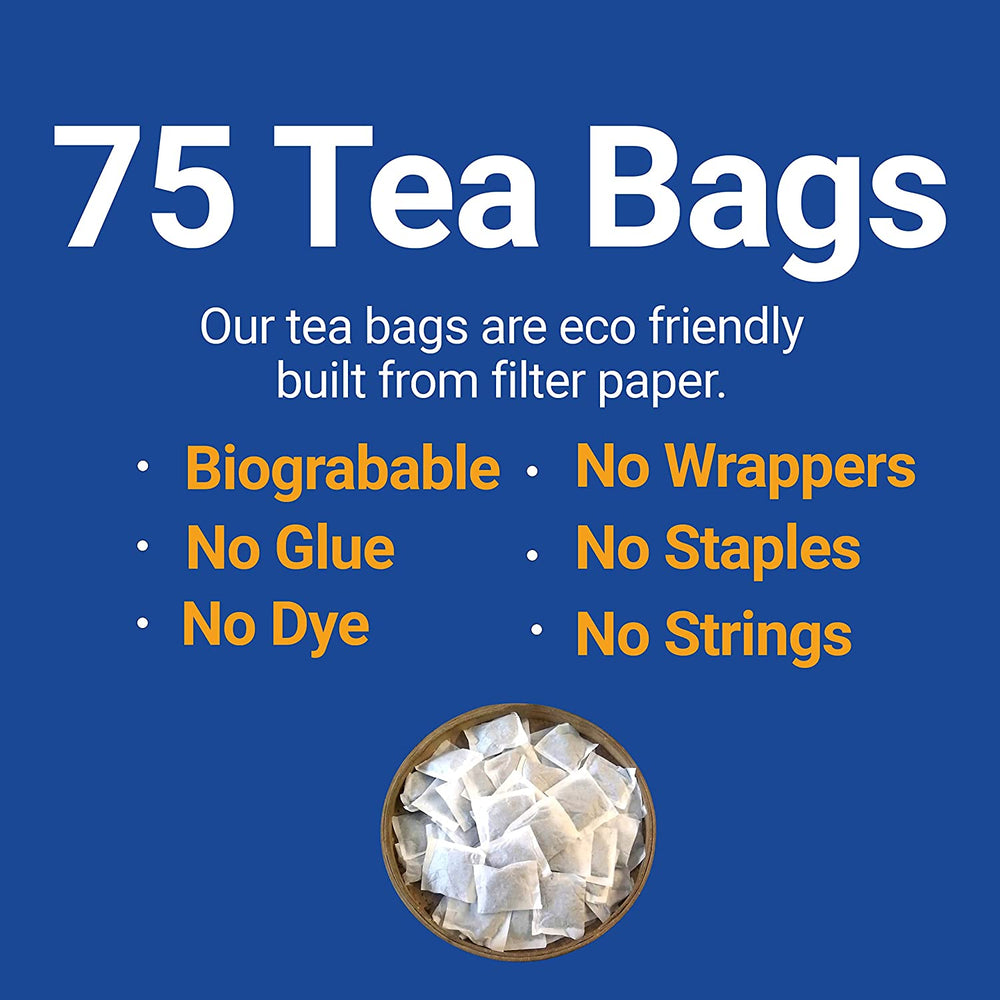 
                  
                    75 Tea bags Our tea bags are eco friendly  built from filter paper. - biograbable - no wrappers - no glue - no dye - no staples - no strings
                  
                