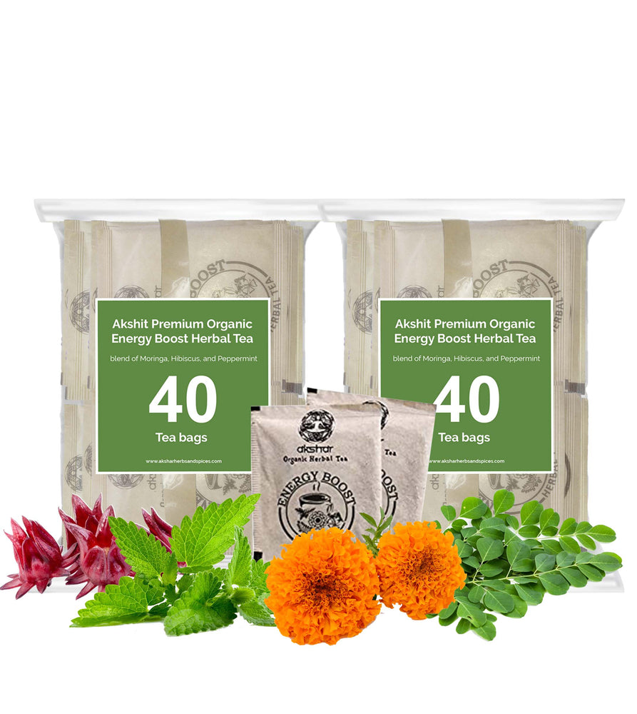 
                  
                    Akshit Organic Energy Boost Tea with Moringa, Hibiscus, Peppermint & Marigold (Calendula) I An Energy & Mood Booster I Caffeine Free I NON-GMO I USDA Certified I 40 Herbal Tea Bags [Pack of 2]
                  
                