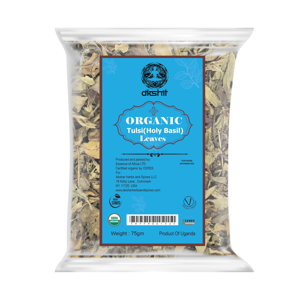 Akshit Organic Holy Basil Tea,2.6oz, Made From Dried Tulsi Holy Basil Leaves, Loose Leaf Tea, Tulsi Leaf Tea, Non-GMO, No Sugar, No Caffeine, No Gluten, Vegan.
