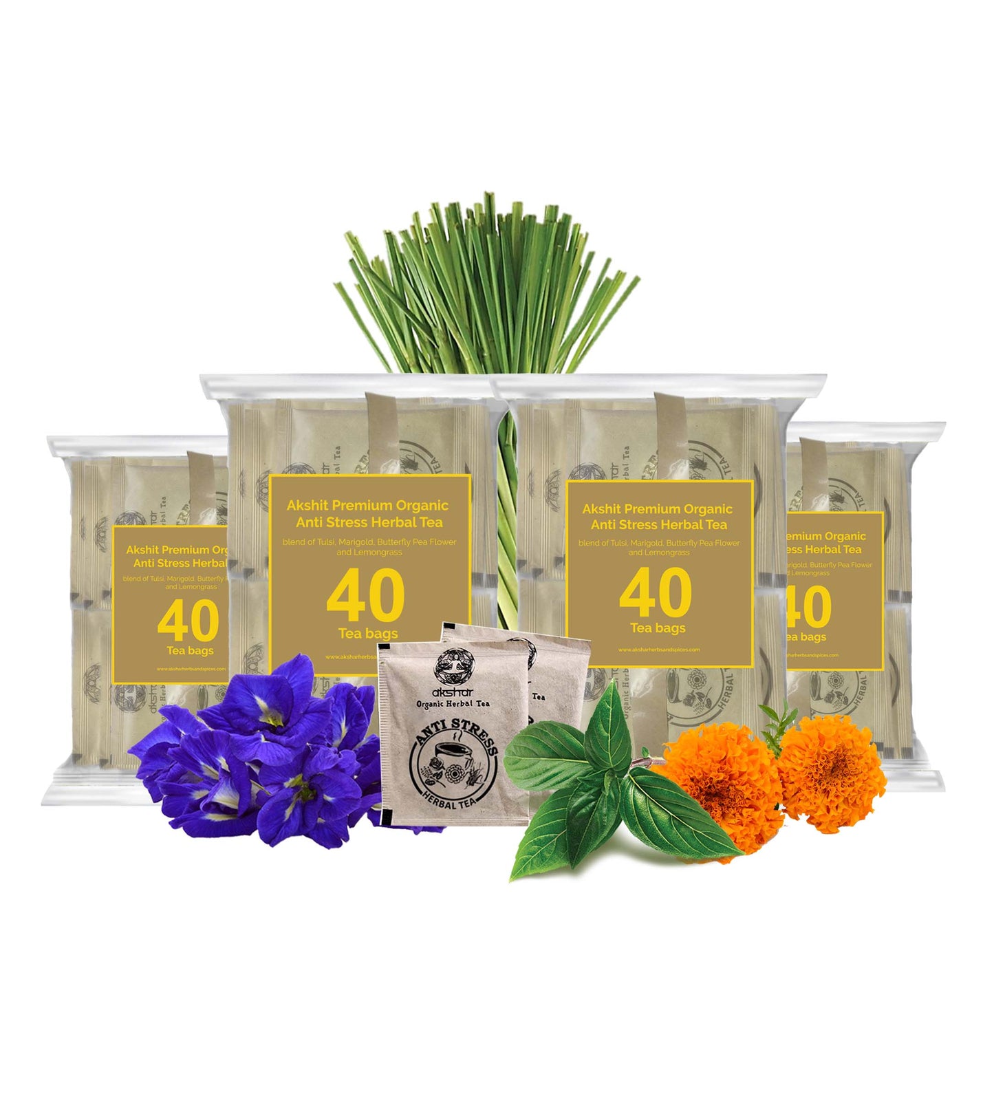 
                  
                    Anti stress Organic herbal tea | Marigold flowers | holy basil leaves | Butterfly pea flowers | Lemongrass leaves | el alivio del estrés té I être contre qch stress biologique à base de plantes thé Pack of 4
                  
                