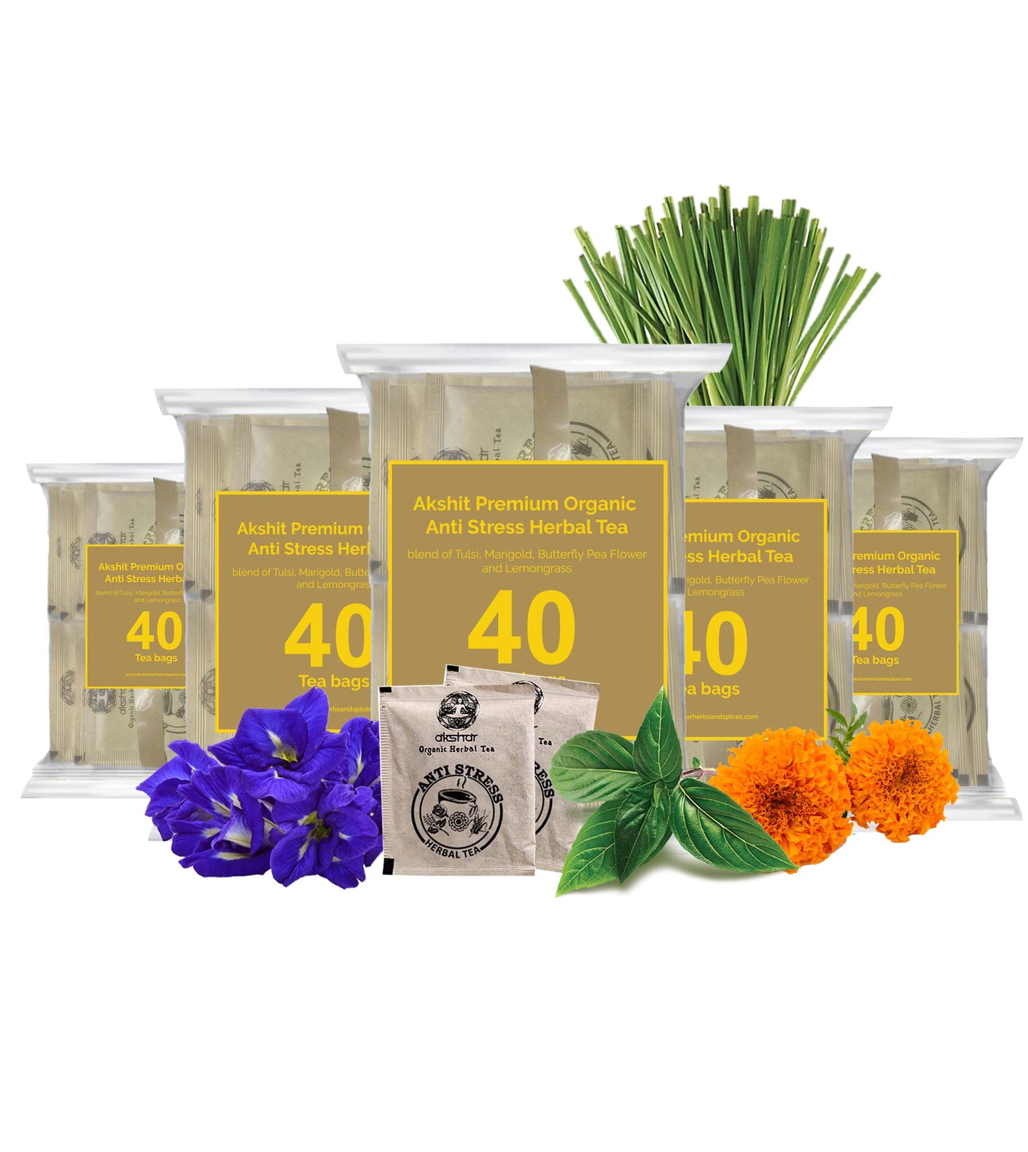 
                  
                    Anti stress Organic herbal tea | Marigold flowers | holy basil leaves | Butterfly pea flowers | Lemongrass leaves | el alivio del estrés té I être contre qch stress biologique à base de plantes thé Pack of 5
                  
                