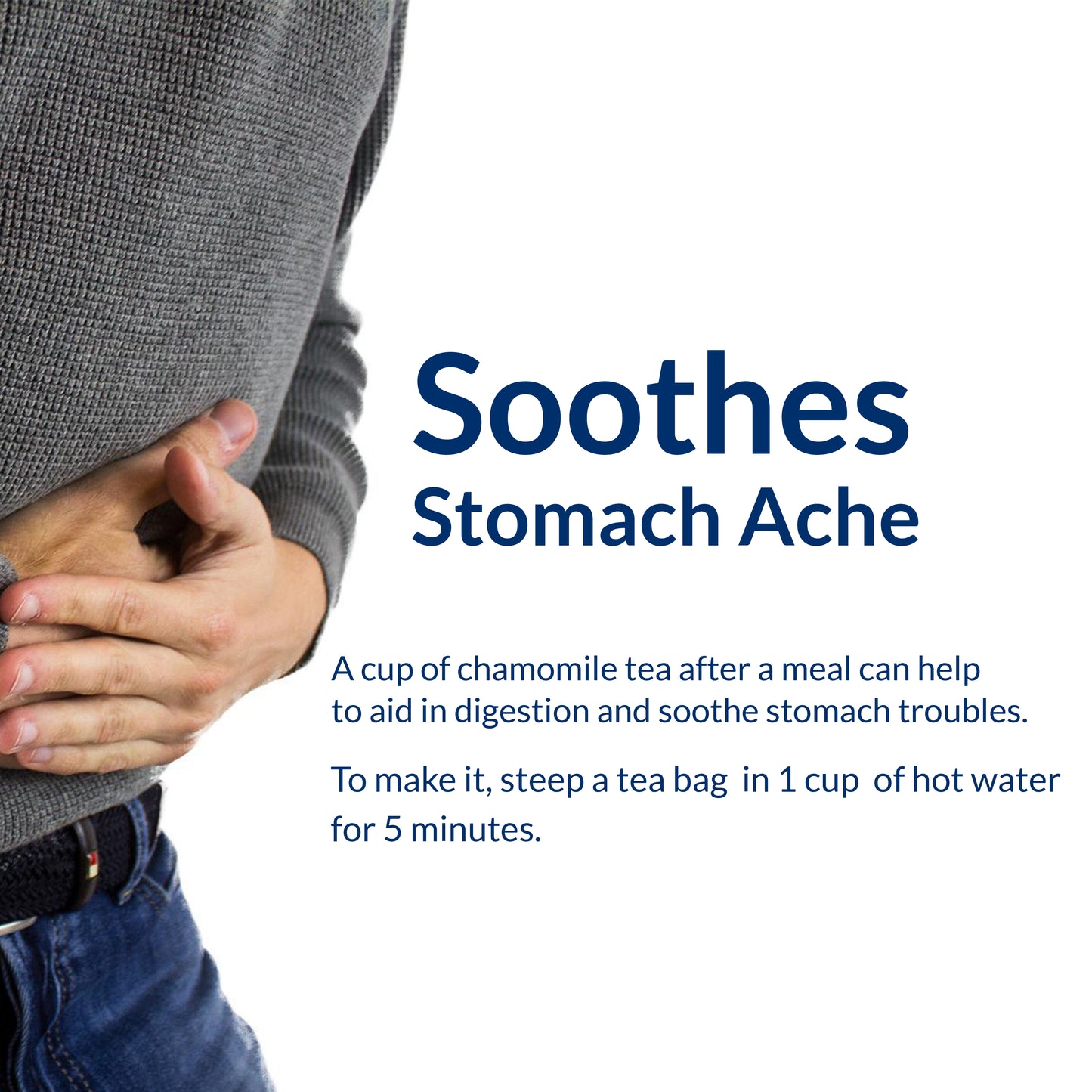 
                  
                    Soothes stomach Aches _ A cup of chamomile tea after a meal can help to aid in digestion and soothe stomach troubles. To make it steep a tea bag in 1 cup of hot water for 5 minutes
                  
                