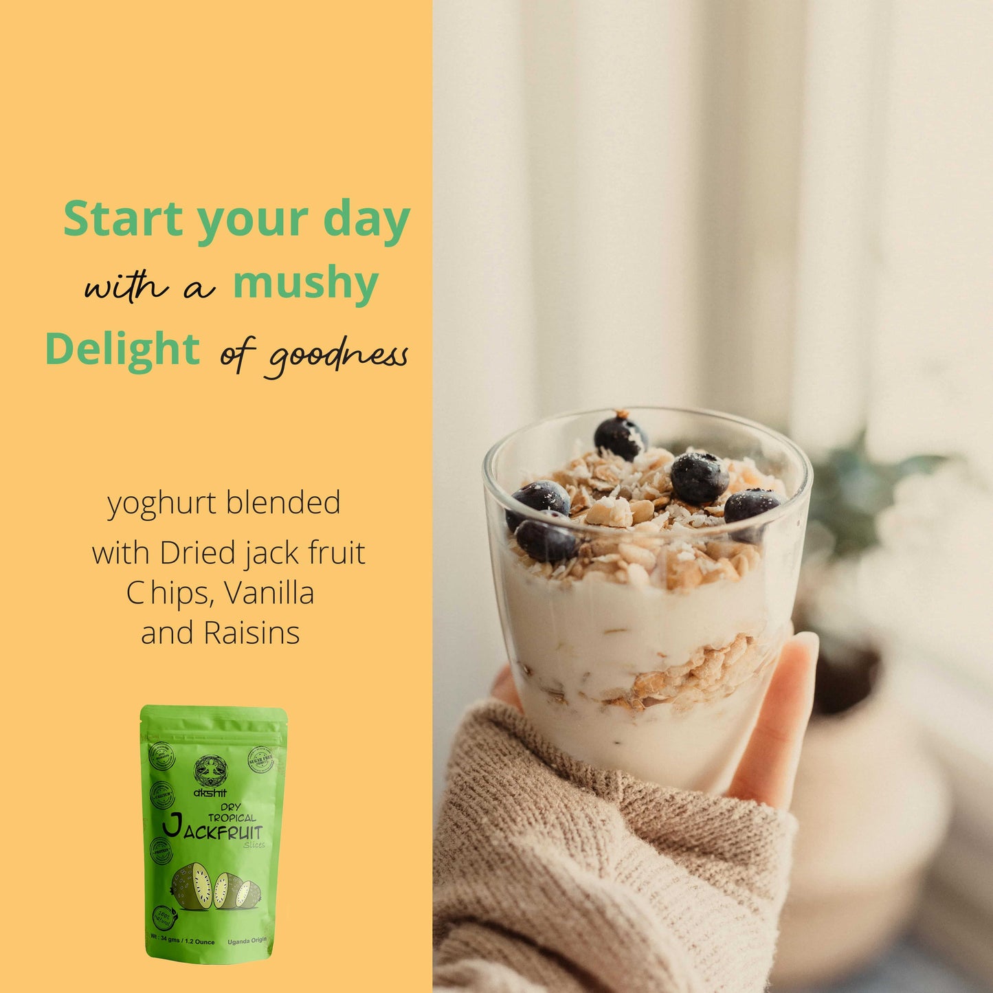 Start your day with a mushy delight of goodness. Yoghurt blended with Dried Jackfruit chips, vanilla and raisins. Dried jackfruit smoothie 
