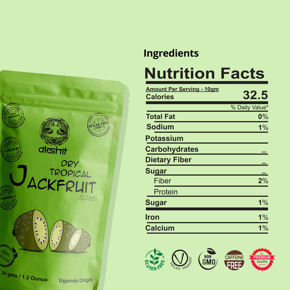 
                  
                    nutrition facts, calories32.5, total fat 0%, sodium 1%, potassium 0%, carbohydrates 0%, dietary fiber 0%, sugar 1%, fiber 2%, protein 0%, iron 1%, calcium 1%. Organic Dried Jackfruit snack| Dry Jackfruit Chips| No Sugar Added| Gluten Free NON-GMO | 4.8 Oz (4 count)
                  
                
