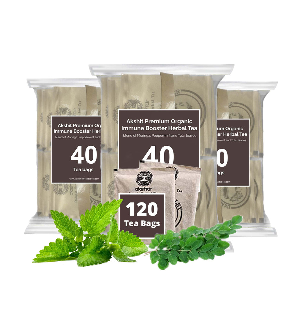 Akshit Organic Immune Booster Tea with Moringa Leaves, Peppermint & Tulsi (Holy basil) leaves, Caffeine Free For Immune Support NON-GMO I 40 Herbal Tea Bags (Pack of 3)