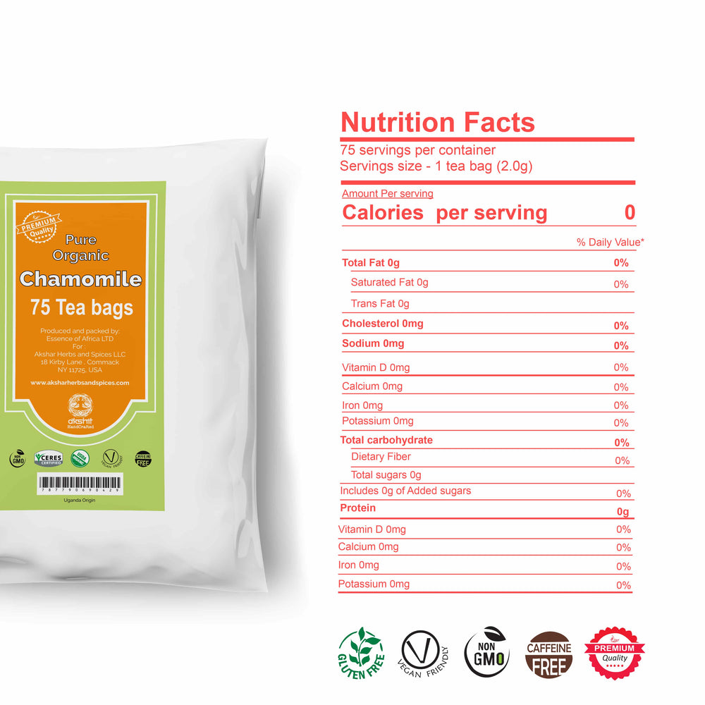 
                  
                    Akshit Organic Chamomile Tea Bags (75 Tea Bags) Chamomile Flower Tea,  Organic Chamomile Tea, Calm Sleep Tea, Caffeine Free, Non-GMO & USDA Certified.
                  
                