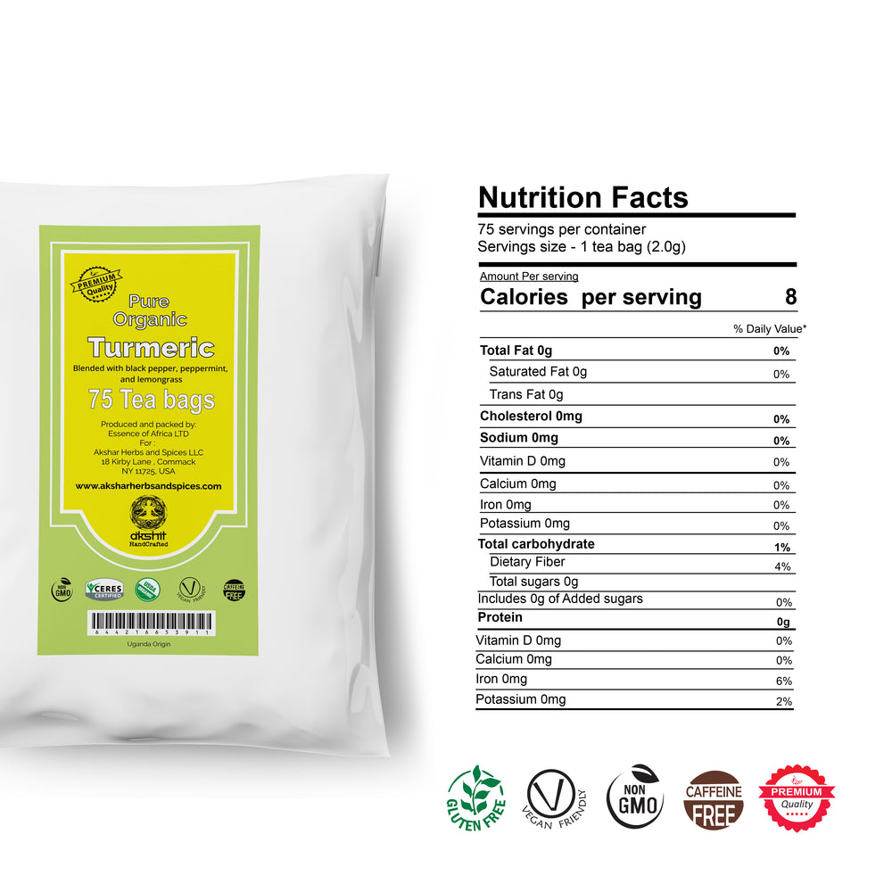 
                  
                    Akshit Organic Turmeric Tea (75 Tea Bags) Immune Support Tea with Peppermint, & lemongrass Tea, Turmeric Spiced Detox Caffeine Free Tea, Non-GMO, & USDA Certified. (Pack of 3)
                  
                