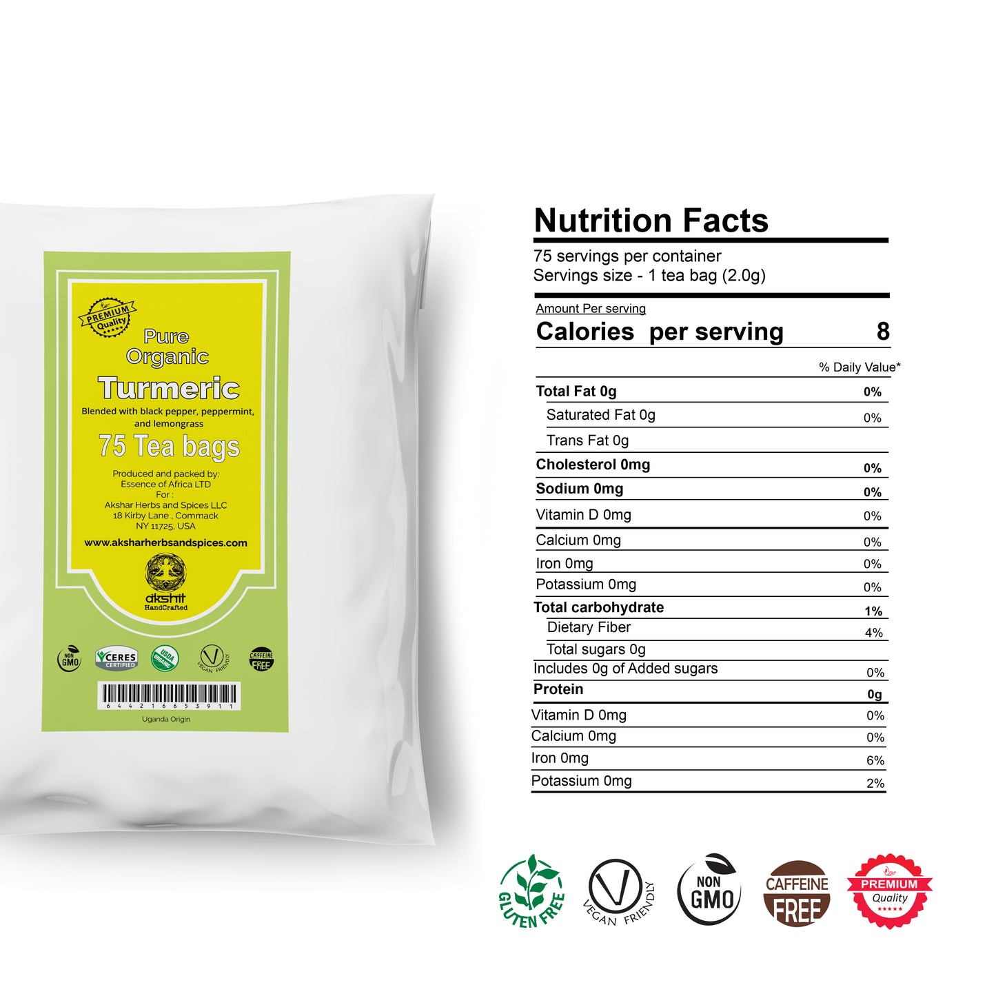 
                  
                    Akshit Organic Turmeric Tea (75 Tea Bags) Immune Support Tea with Peppermint, & lemongrass Tea, Turmeric Spiced Detox Caffeine Free Tea, Non-GMO, & USDA Certified. (Pack of 3)
                  
                