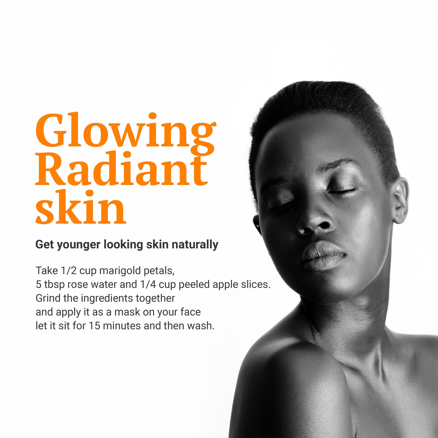 
                  
                    Glowing radiant skin  Get younger looking skin naturally take 1/2 cup marigold petals, tbsp rose water and 1/4 cup peeled apple slices. Grind the ingredients together and apply it as a mask on your face let it sit for 15 minutes and then wash - Dried Calendula (Marigold) Flowers promotes skin glowing
                  
                