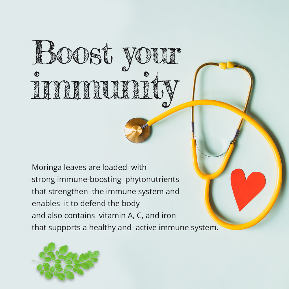 
                  
                    Boost you immunity : moringa leaves are loaded  with strong immune boosting phytonutrients that strengthen the immune system and enables it to defend the body and also contains vitamin A, C and iron that supports a healthy and active immune system
                  
                