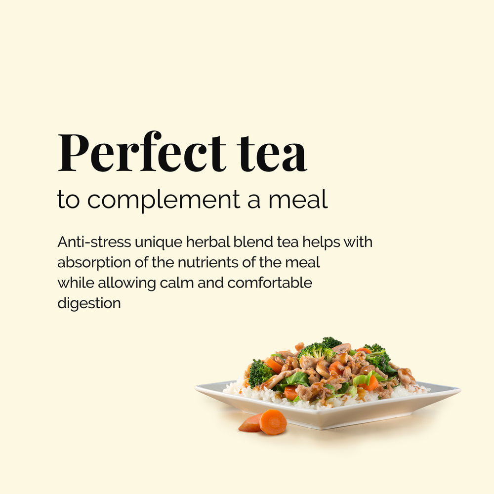 
                  
                    Perfect tea to complement a meal. Anti-stress unique herbal blend tea helps with absorption of the nutrients of the meal while allowing calm and comfortable digestion. Akshit Anti Stress Organic Herbal tea 80 teabags I el alivio del estrés té I être contre qch stress biologique à base de plantes thé
                  
                