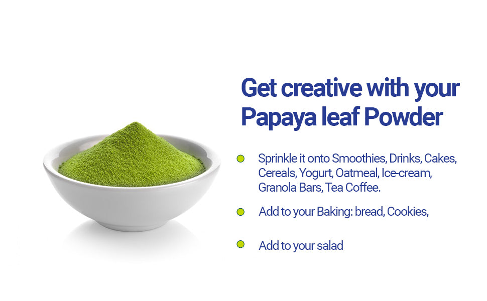 
                  
                    Get Creative with your papaya Leaf powder. Sprinkle it onto smoothies, Drink, Cakes, Cereals, Yogurt, Oatmeal, Ice-cream, Granola Bars, Tea Coffee. Add to your Baking; Bread, Cookies. Add to your salad. Akshit Organic Papaya Powder | Dried | Natural Herbs | Non GMO | Caffeine free | Sugar free |Gluten free | Vegan friendly | Pack of 2
                  
                