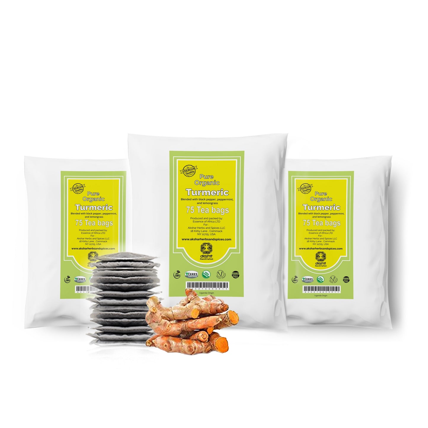 
                  
                    Akshit Organic Turmeric Tea (75 Tea Bags) Immune Support Tea with Peppermint, & lemongrass Tea, Turmeric Spiced Detox Caffeine Free Tea, Non-GMO, & USDA Certified. (Pack of 3)
                  
                